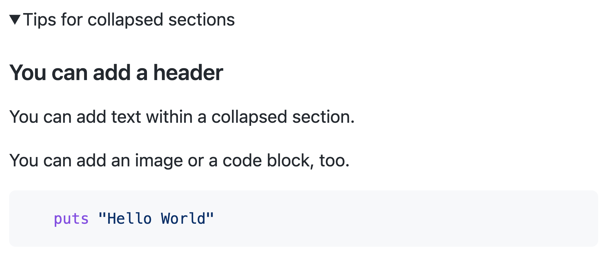 Captura de tela do Markdown exibido acima nesta página, conforme renderizado no GitHub. A seção recolhida contém cabeçalhos, textos, imagens e blocos de código.