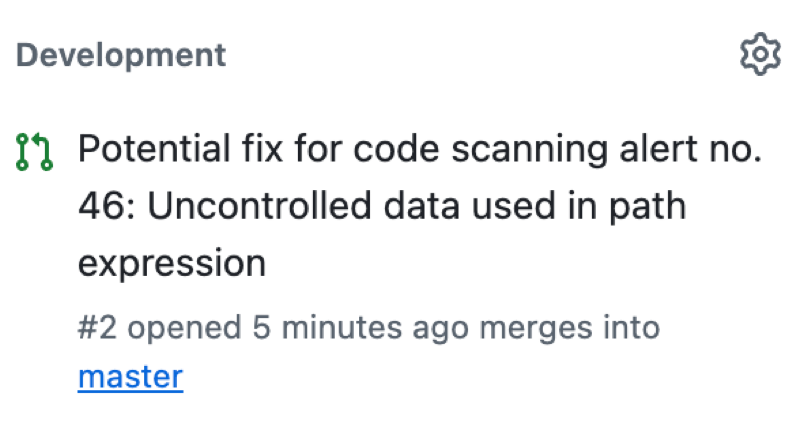 경고를 수정할 수 있는 끌어오기 요청의 제목이 포함되어 있는 code scanning 경고의 "Development" 섹션 스크린샷
